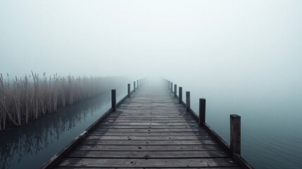 Wooden dock extending into a misty lake, serene and tranquil atmosphere, peaceful scene, fog obscuring the horizon