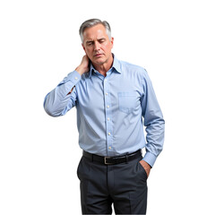 Tired Businessman Neck Pain Stress Adult Male Person Office Worker blue grey wear shirt pants black 