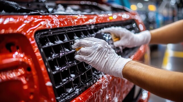Close-up of hands washing a red car's grille in a modern car wash facility with soap bubbles