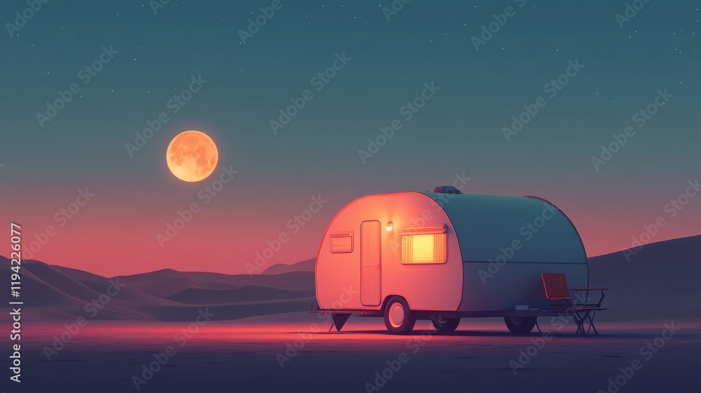 Poster a serene retro camper van illuminated by the soft glow of a full moon in a tranquil desert landscape
