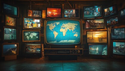 A classic TV featuring a world map on its screen