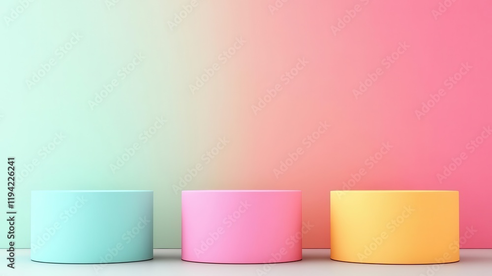Poster three cylindrical objects in pastel colors against a soft gradient background, creating a tranquil a
