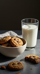 Freshly baked chocolate chip cookies with a glass of milk in warm sunlight