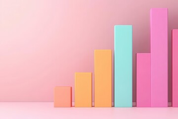 A colorful bar graph against a soft pink background, illustrating growth trends with varying heights in vibrant pastel colors.