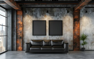 Modern loft apartment, city view, black leather couch, empty frames, industrial design