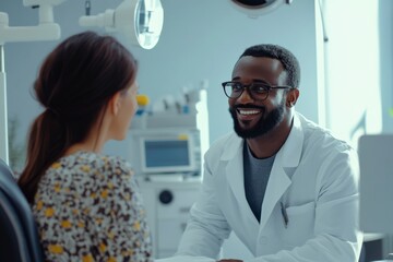 Friendly doctor smiling and talking with patient in hospital room