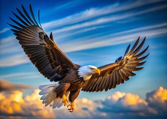Obraz premium Majestic Bald Eagle Soaring, Blue Sky Background - Wildlife Stock Photo