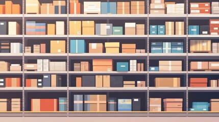 Retail warehouse full of shelves with cardboard boxes and packages. Logistics, storage, and delivery industrial background.