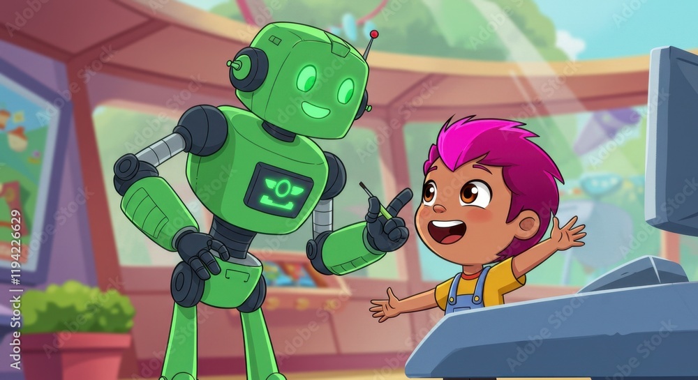 Poster enthusiastic child interacting with friendly robot in futuristic classroom setting