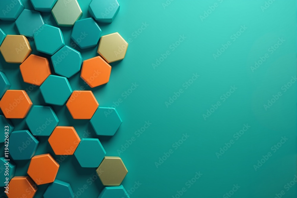 Aufkleber abstract hexagonal shapes in teal, orange, and gold on a turquoise background, creating a modern geo