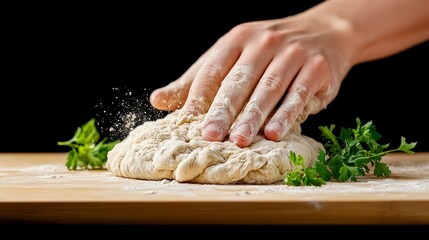Hand kneading dough on a wooden surface surrounded by fresh herbs, with flour dust in the air