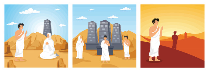 PrintHajj pilgrims pray at mount Arafat. Islamic Hajj Pilgrimage. Praying in the mountains of Jabal Rahmah in Arafat. Set flat vector modern illustration
