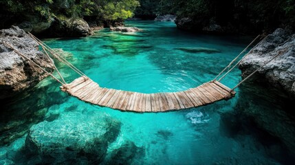 Tranquil Wooden Bridge Over Clear Turquoise Water in Nature