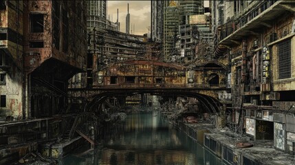 A dystopian urban landscape with decaying buildings and a polluted waterway.