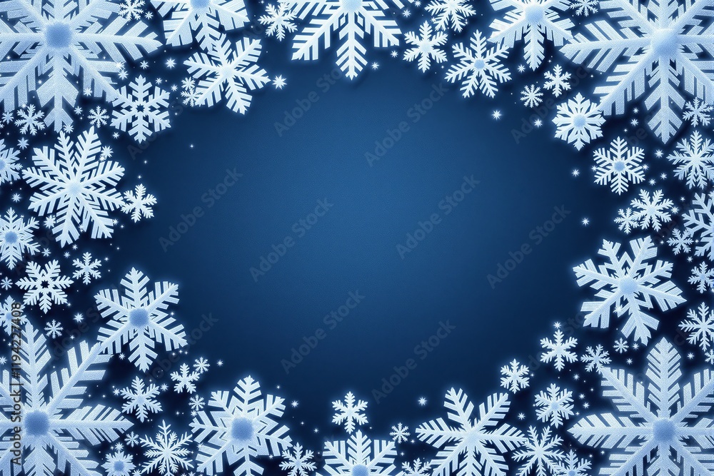Poster snowflakes arranged as a decorative border on a blue background with an empty center space, creating