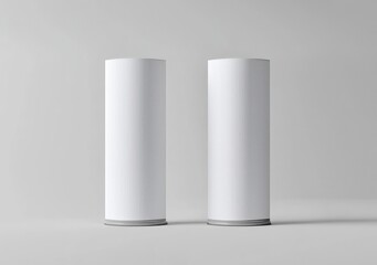 Two white roll-up banners on gray background, front view, realistic mockup design.