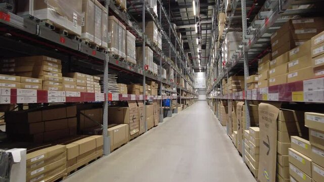 Brno, Czech Republic - January 7, 2025: View of a large warehouse with shelves containing packaged goods Ikea store. Warehouse inventory. Goods on shelves of a large warehouse.