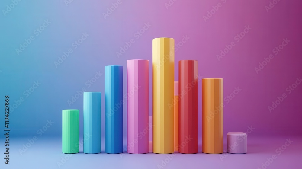 Poster a colorful arrangement of cylindrical bars on a gradient background, representing data visualization