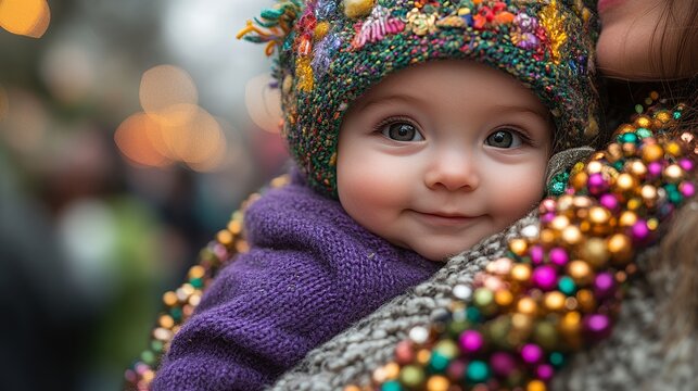 Baby smiles, Mardi Gras parade background, city - Powered by Adobe