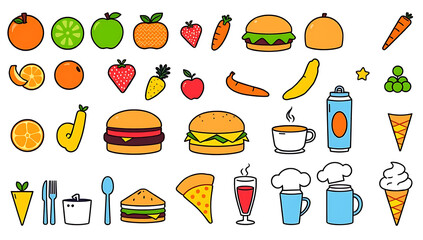 Minimalist icons of food and beverages, featuring fruits, vegetables, burgers, pizza, coffee cups, soda cans, ice cream cones, utensils, and chef hats on a clean white background