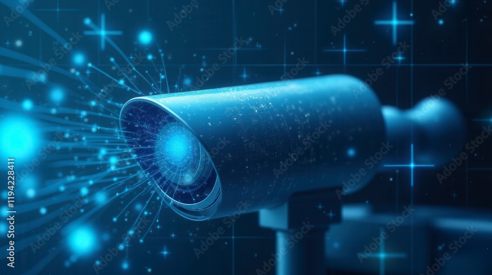 Poster digital blue binocular with data streams, ai in visual recognition systems, augmented reality applic