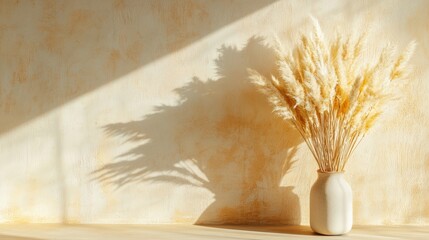 Minimalist Home Decor: Sunlit Pampas Grass in White Vase on Wooden Shelf