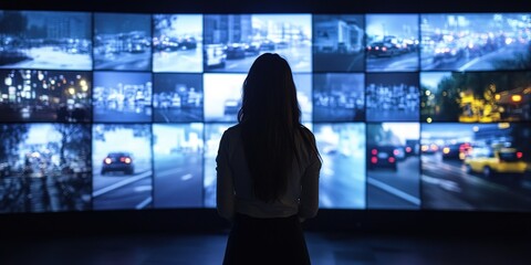 Woman Observes City Traffic Flow on a Massive Video Wall Display, Monitoring Urban Transportation System Effectively
