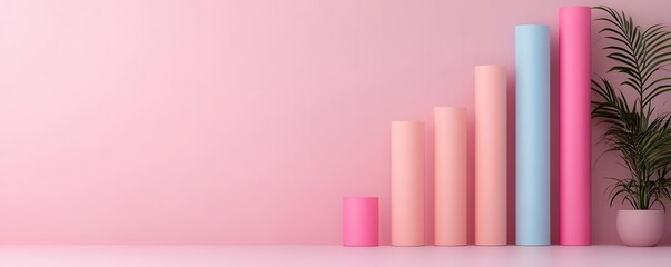 Obraz premium A minimalist display of pastel-colored cylindrical shapes against a soft pink backdrop, complemented by a green plant for a fresh touch.