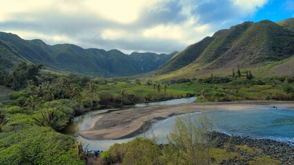 Beautiful aerial view of a tropical beach and forested valley on Molokai, Hawaii © DaiMar