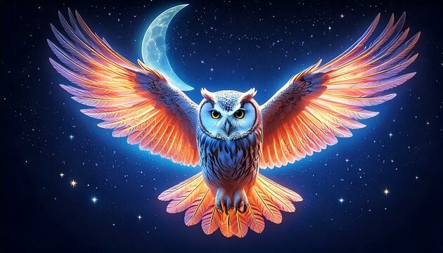owl flying under a shimmering 