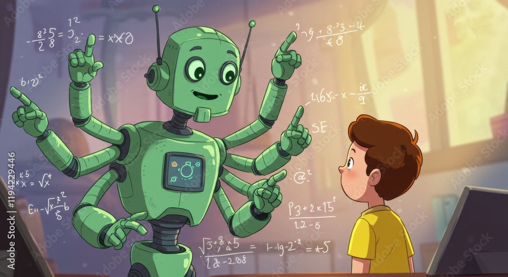 Poster robot tutor teaching child math concepts in a fun classroom setting