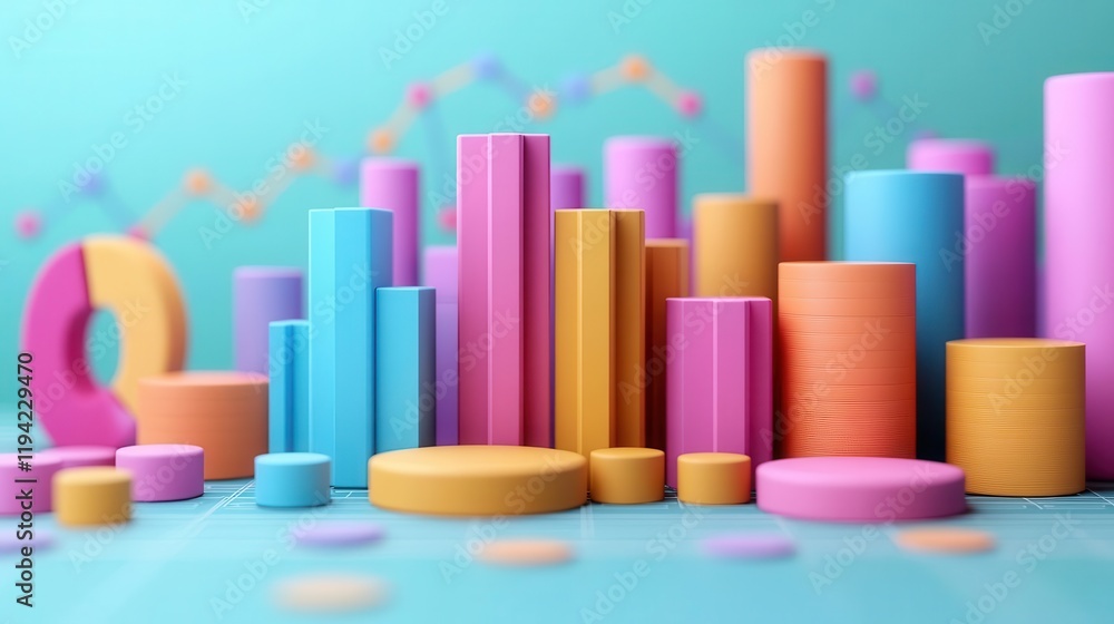 Poster colorful geometric shapes and bars create a vibrant display, representing data visualization and sta