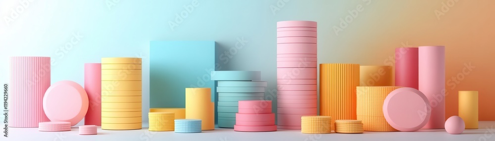 Poster a colorful arrangement of cylindrical and circular shapes in pastel hues, creating a visually appeal