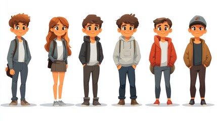 Naklejka premium Stylish Cartoon Teenagers: A Diverse Group of Happy Students