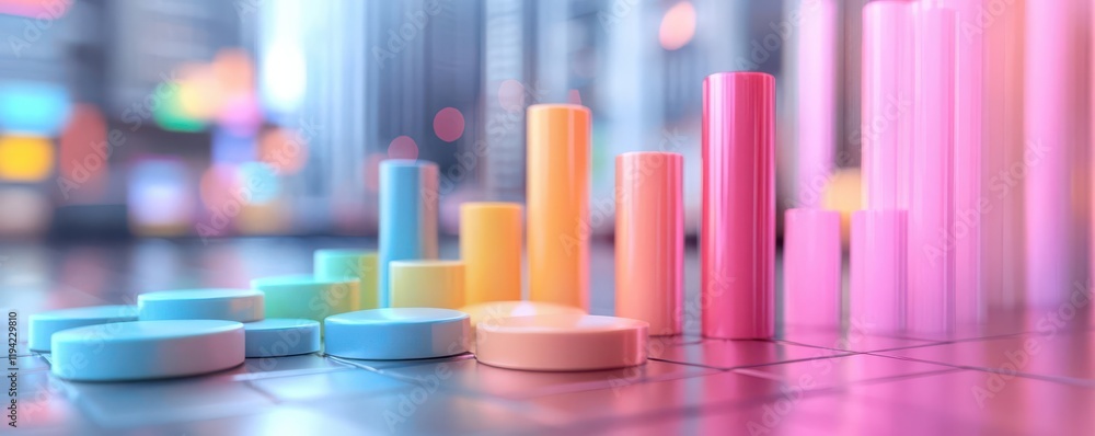 Poster colorful cylindrical bars and circular discs create a vibrant, abstract representation of data visua