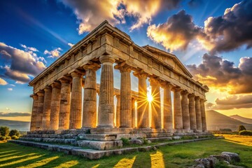 Obraz premium Majestic Ruins: Temple of Athena, Paestum, Italy - Ancient Greek Architecture Landscape