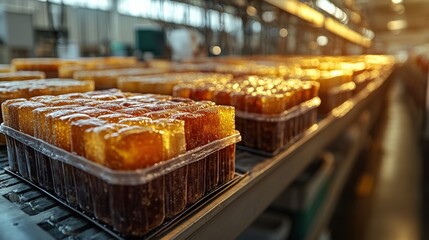 Warm golden light illuminating rows of jelly molds in a food production facility, showcasing...