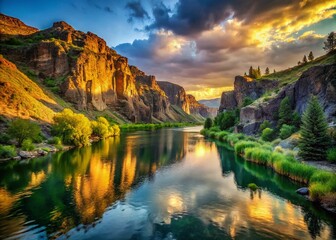 Fototapeta premium Majestic Snake River Idaho Landscape: Calm Water & Dramatic Cliffs