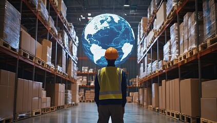 Global Logistics: Worker Observes Worldwide Distribution Network in Modern Warehouse, Utilizing Technology for Efficient Operations