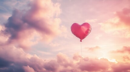 Fototapeta premium A single heart-shaped balloon floating against a pastel pink sky, with soft clouds and sunlight adding a dreamy atmosphere.