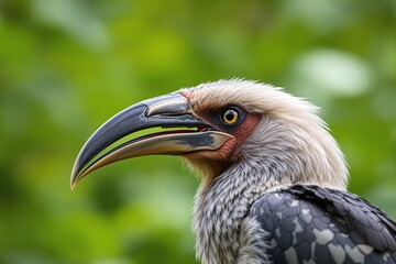 Fototapeta premium Close-up of a hornbill bird with detailed feathers and a sharp beak, set against a vibrant green blurred background. Concept of exotic wildlife. Ai generative