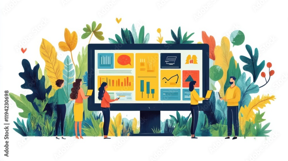 Poster Team Collaboration in Data Analysis with Colorful Plants and Charts on a Computer Screen, Representing Modern Technology, Nature Vibes, and Productivity