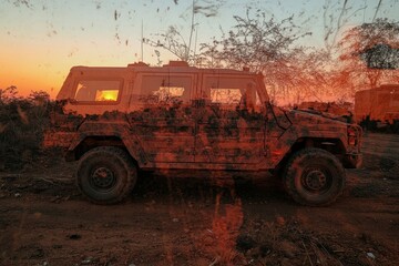 Sunset Reflection on an Off-Road Vehicle Surrounded by Nature with a Beautiful Orange Sky and Silhouette of Vegetation