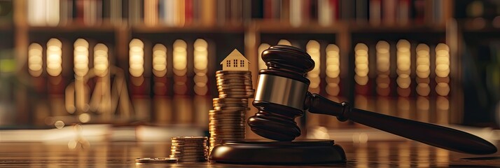 gavel coins and abstract houses on table with a wooden hammer