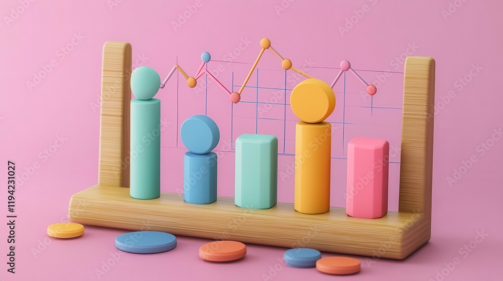 Poster a colorful bar graph made of geometric shapes, representing data trends against a soft pink backgrou
