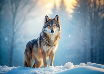 Obraz premium Majestic Winter Wolf: Surreal Snowscape Wildlife Photography with Copy Space