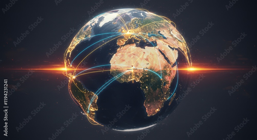 Poster global network connectivity highlighted on a digitally rendered earth