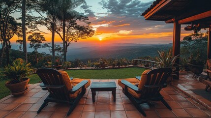 Obraz premium Sunset view from a patio with two chairs and a small table.