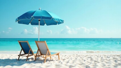 Tranquil Beach Scene Two Wooden Lounge Chairs Under a Blue Beach Umbrella on Pristine White Sand Beside a Calm Turquoise Ocean