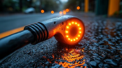 Naklejka premium Wet illuminated connector on city street, night